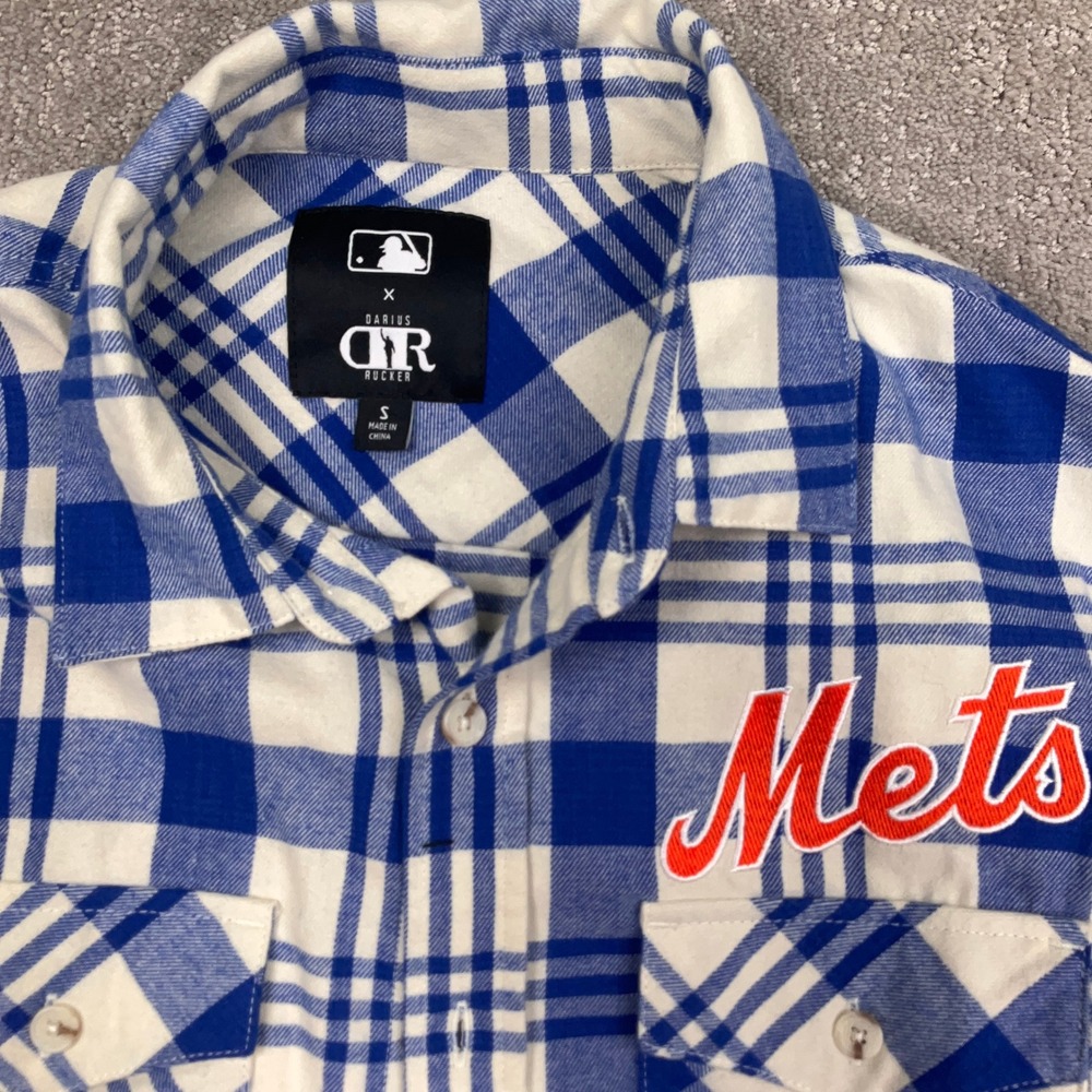 Darius Rucker MLB Shirt Mens Small Blue White Plaid Flannel Stitched NY Mets - Picture 2 of 10